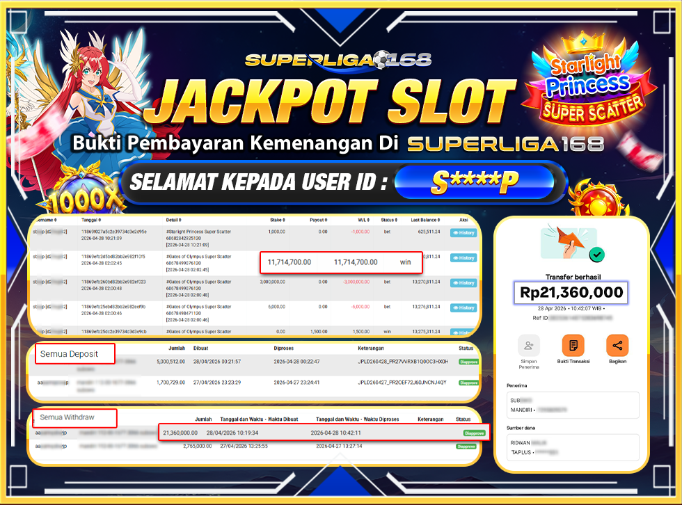 SUPERLIGA168 JACKPOT STARLIGHT PRINCESS SUPER SCATTER Rp.21,360,000LUNASSSSSS