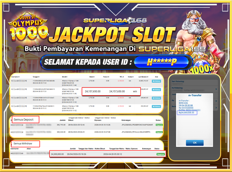 SUPERLIGA168 JACKPOT GATES OF OLYMPUS 1000 Rp.24,300,000LUNASSSSSS