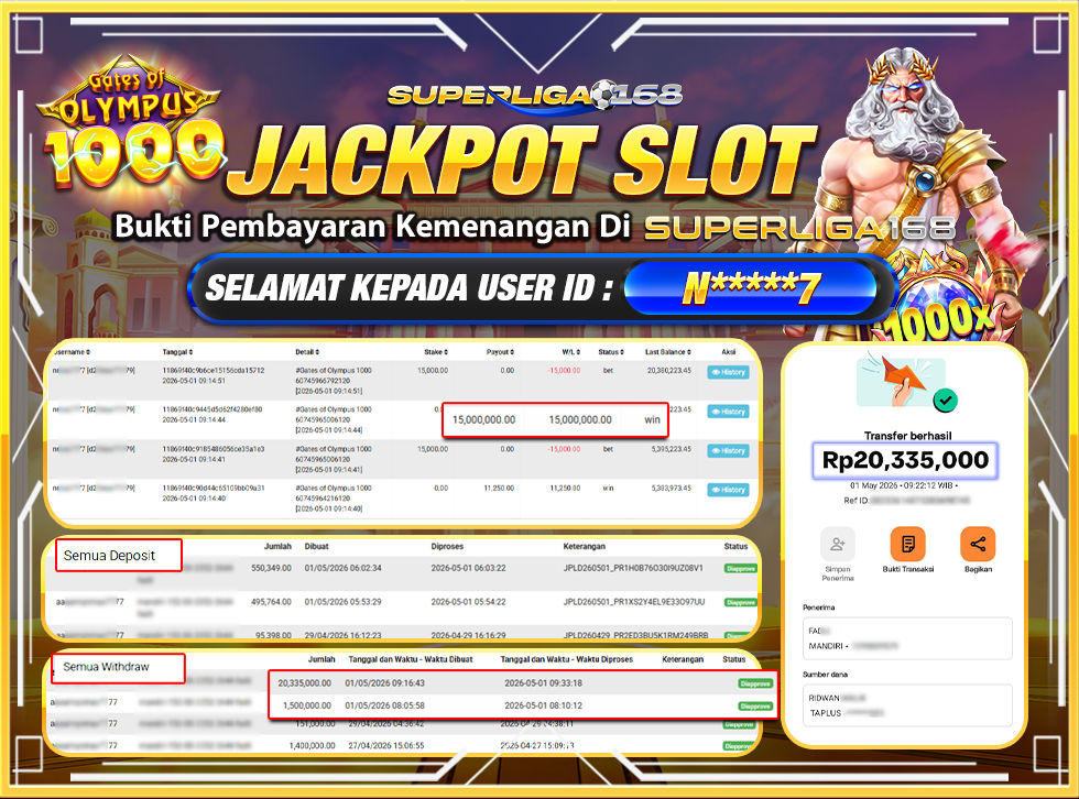 SUPERLIGA168 JACKPOT GATES OF OLYMPUS 1000 Rp.20,335,000LUNASSSSSS